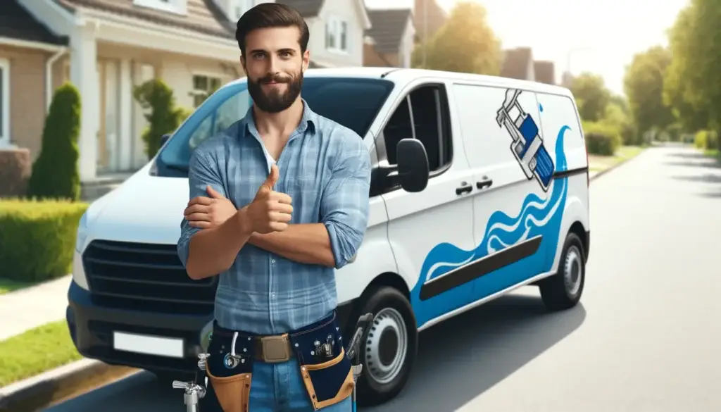 DALL·E 2024 04 16 05.07.57 Design an image with a commercial vibe featuring a man with a beard and blue checked shirt giving a thumbs up. He is leaning confidently against a wh